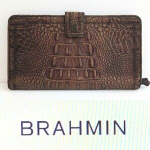 VTG Brahmin Melbourne Travel Bifold Wallet Brown Leather Croc Embossed 9X5